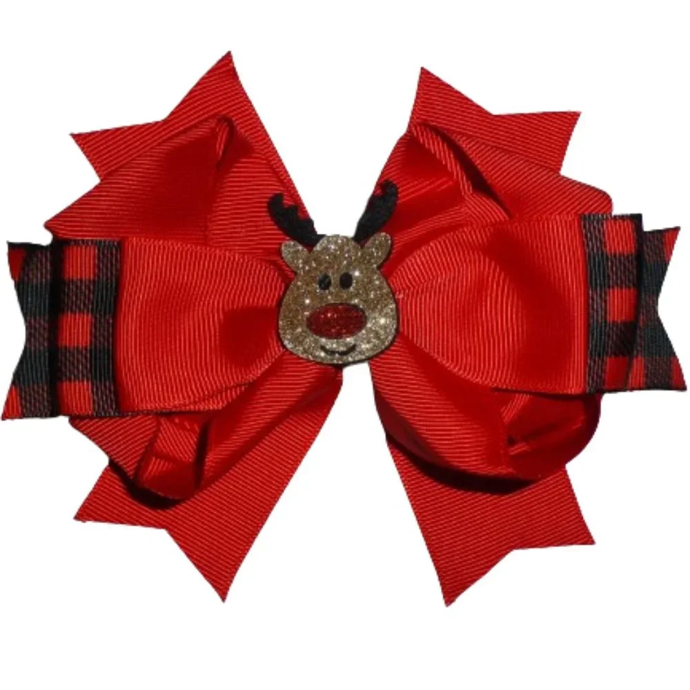 Christmas Rudolph Reindeer Buffalo Plaid Girls 6-Inch Hair Bow Clip